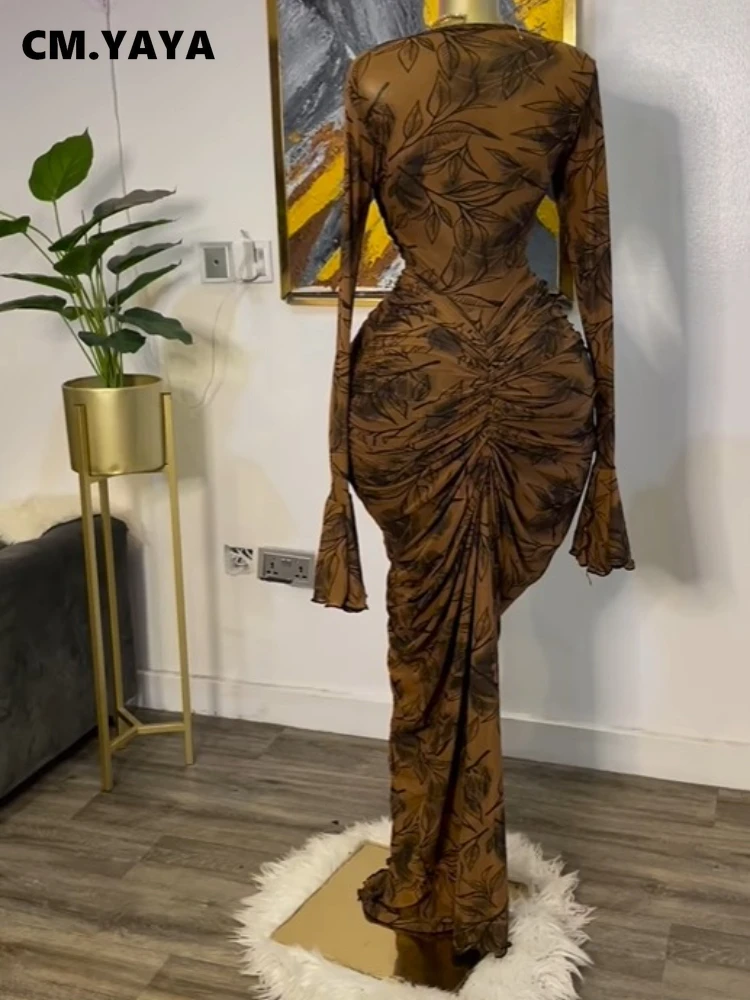 CM.YAYA Women Leaf Printed Stacked Ruched Draped V-neck Maxi Long Bodycon Dress 2025 Holiday Birthday Club Party Evening Dresses