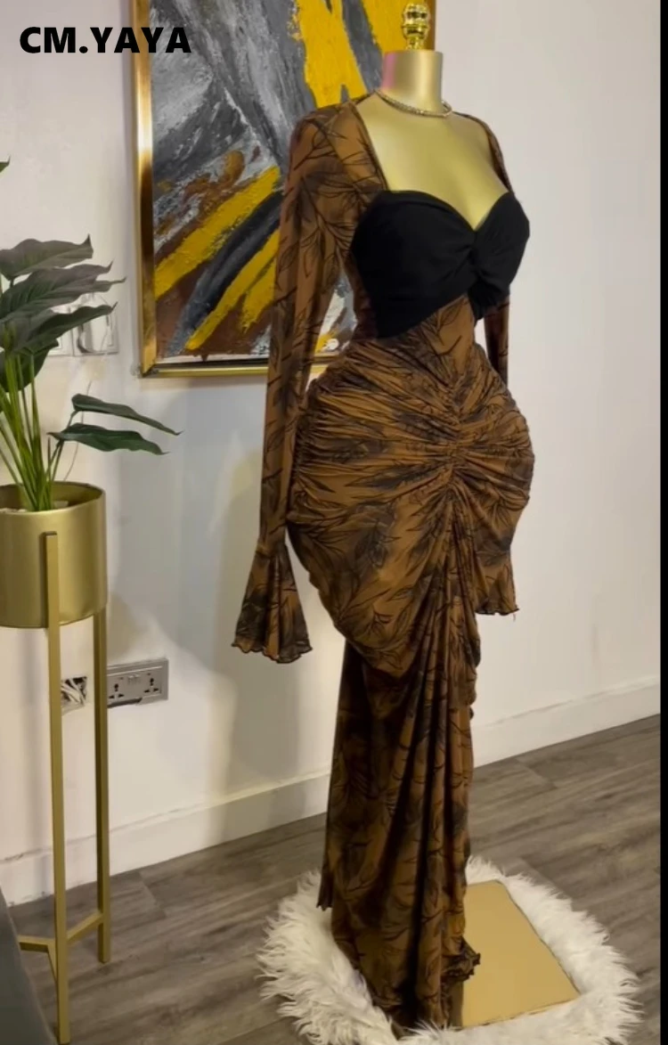 CM.YAYA Women Leaf Printed Stacked Ruched Draped V-neck Maxi Long Bodycon Dress 2025 Holiday Birthday Club Party Evening Dresses