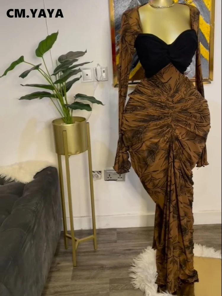 CM.YAYA Women Leaf Printed Stacked Ruched Draped V-neck Maxi Long Bodycon Dress 2025 Holiday Birthday Club Party Evening Dresses