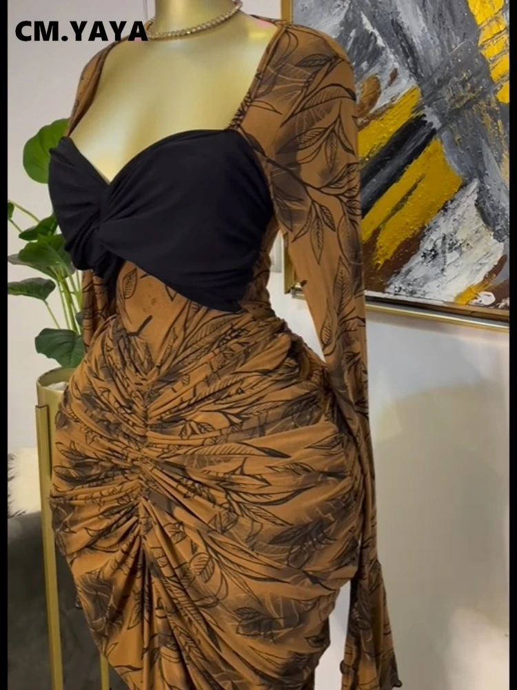 CM.YAYA Women Leaf Printed Stacked Ruched Draped V-neck Maxi Long Bodycon Dress 2025 Holiday Birthday Club Party Evening Dresses CM.YAYA Women Leaf Printed Stacked Ruched Draped V-neck Maxi Long Bodycon Dress 2025 Holiday Birthday Club Party Evening Dresses
