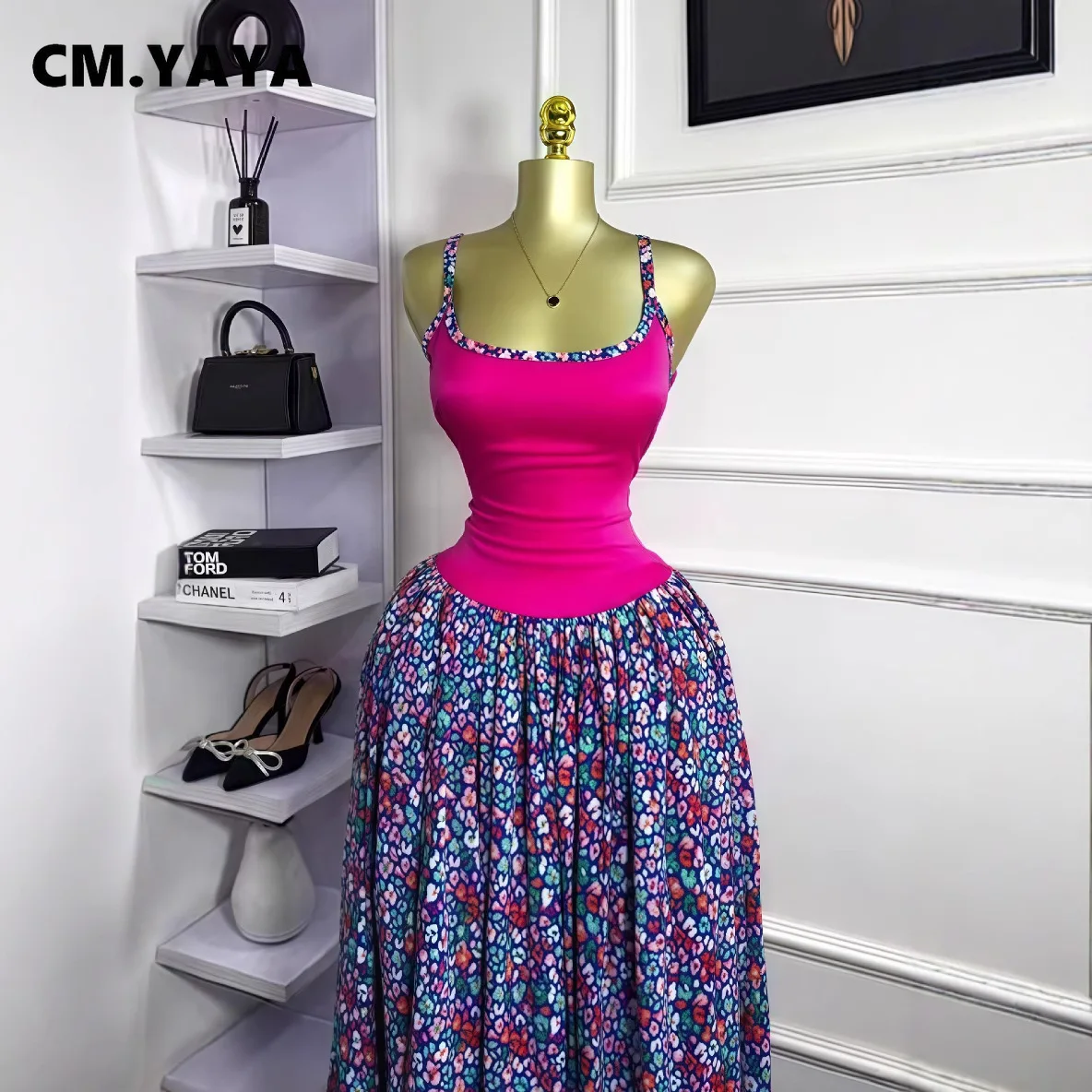 CM.YAYA Women Floral Printed Patchwork Strap Tank Maxi Long Dress 2025 Summer Beach Birthday Sexy Club Party Evening Dresses