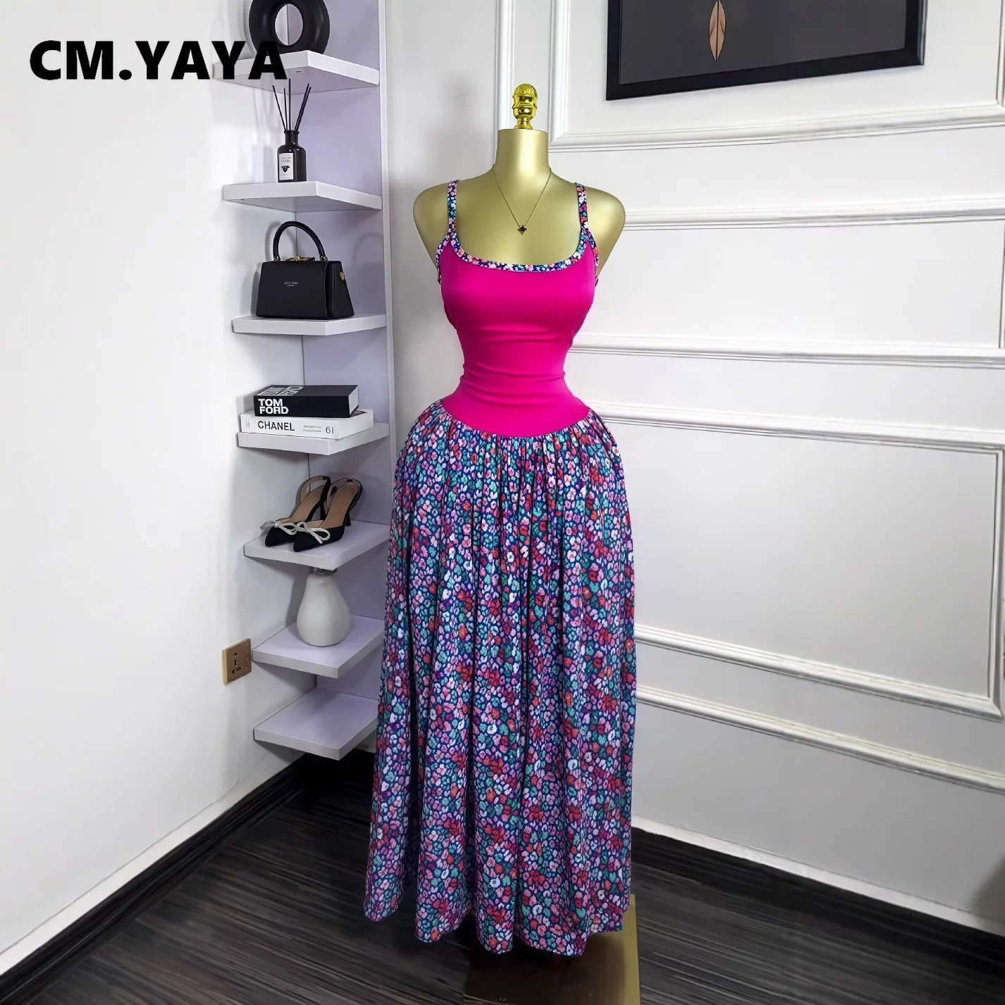 CM.YAYA Women Floral Printed Patchwork Strap Tank Maxi Long Dress 2025 Summer Beach Birthday Sexy Club Party Evening Dresses