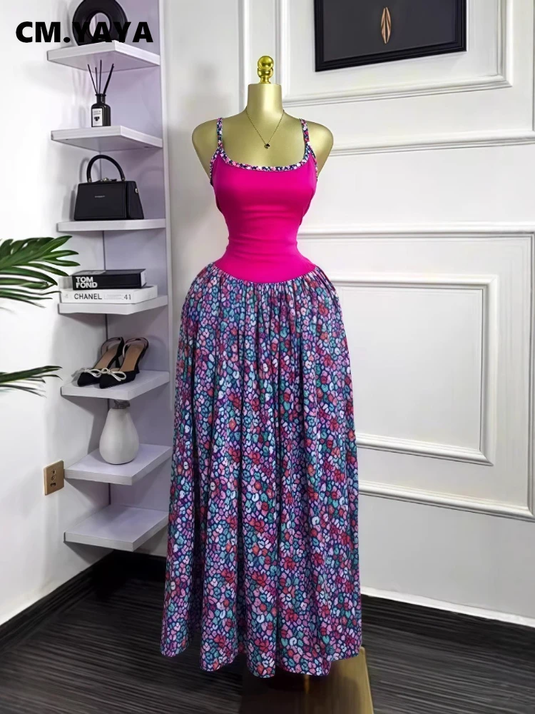 CM.YAYA Women Floral Printed Patchwork Strap Tank Maxi Long Dress 2025 Summer Beach Birthday Sexy Club Party Evening Dresses