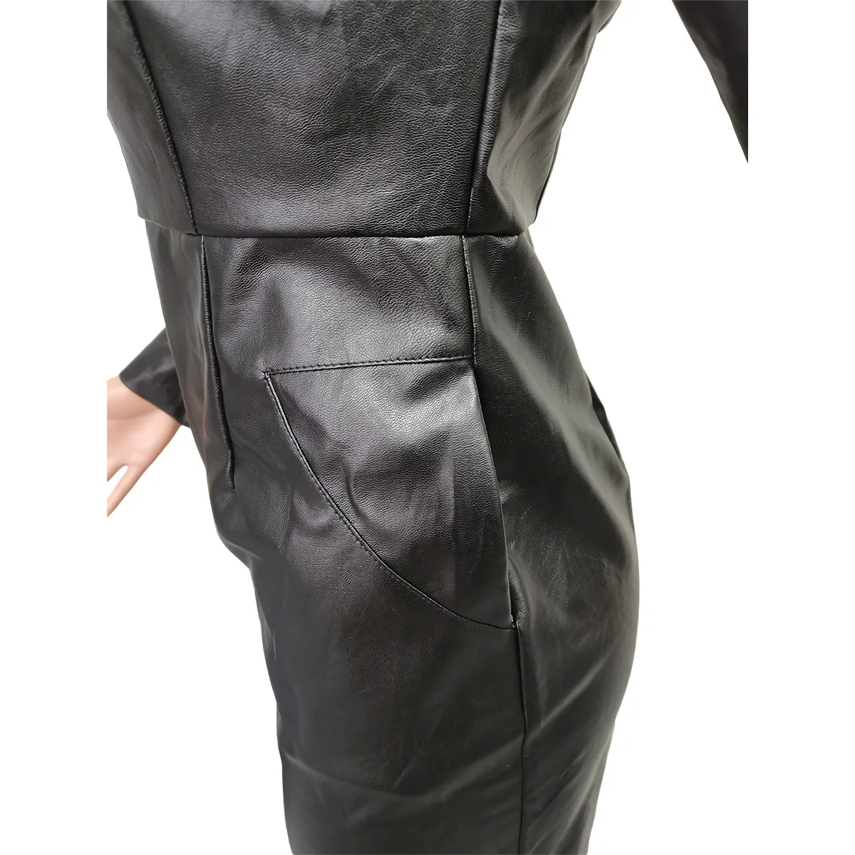 CM.YAYA Women PU Faux Leather Stretchy Long Sleeve Zipper Fly Bodycon Midi Dress 2023 Evening Sexy Party Club Prom Black Dresses