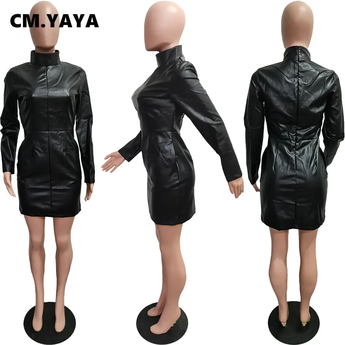 CM.YAYA Women PU Faux Leather Stretchy Long Sleeve Zipper Fly Bodycon Midi Dress 2023 Evening Sexy Party Club Prom Black Dresses
