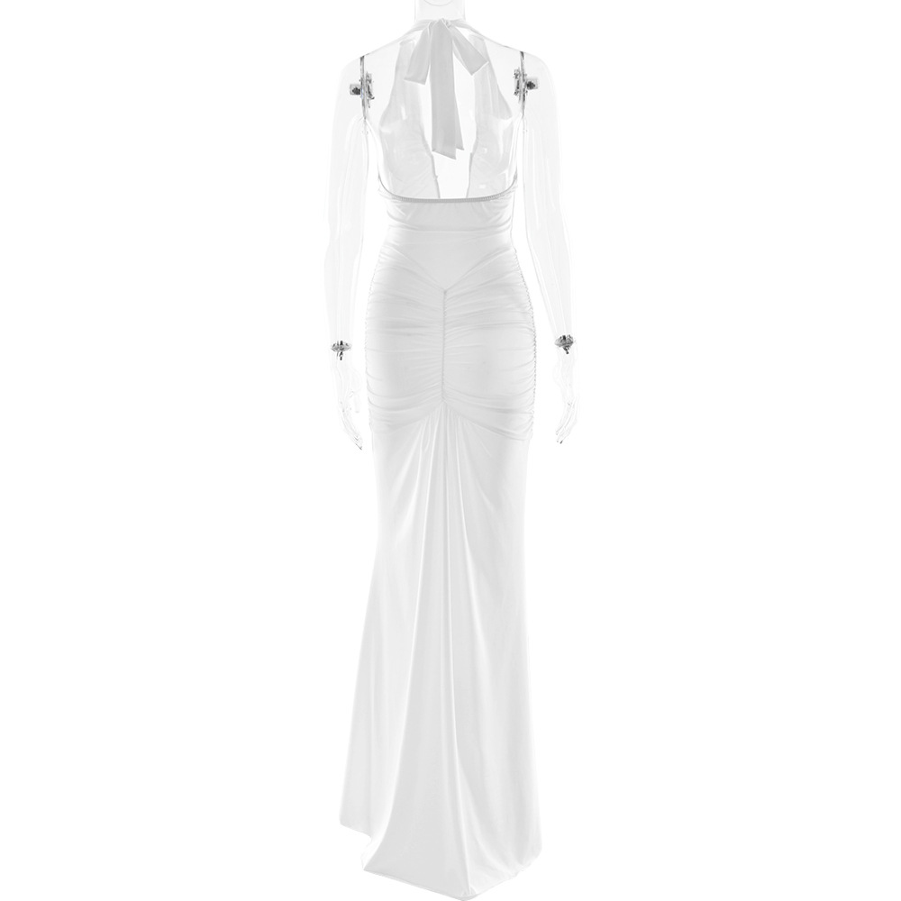 CM.YAYA Women Halter V-neck Stacked Ruched Backless Bodycon Midi Maxi Long Dress 2025 Vacation Birthday Sexy Party Club Dresses