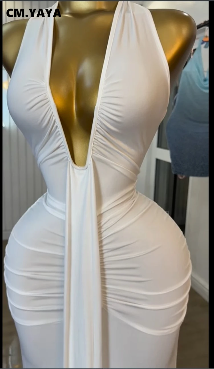CM.YAYA Women Halter V-neck Stacked Ruched Backless Bodycon Midi Maxi Long Dress 2025 Vacation Birthday Sexy Party Club Dresses