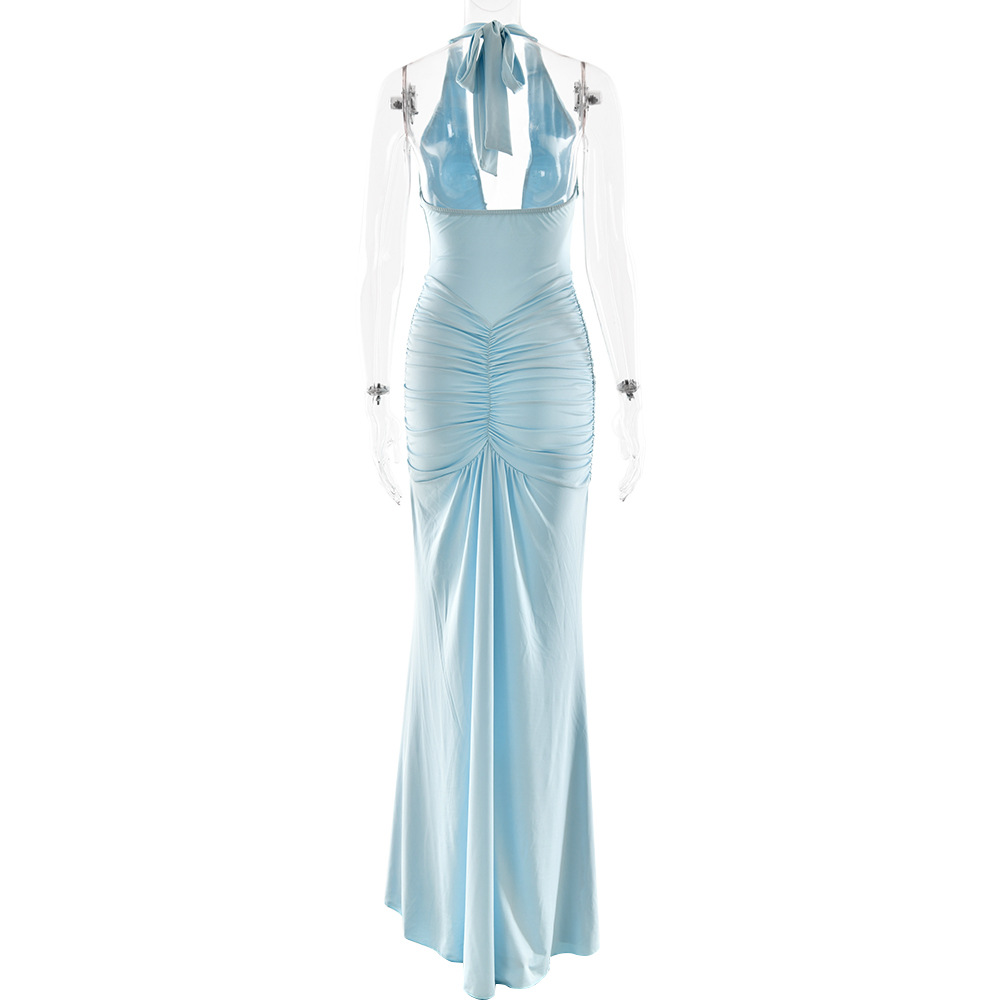 CM.YAYA Women Halter V-neck Stacked Ruched Backless Bodycon Midi Maxi Long Dress 2025 Vacation Birthday Sexy Party Club Dresses