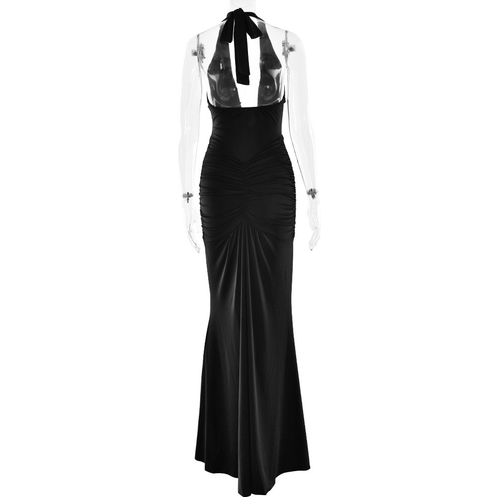 CM.YAYA Women Halter V-neck Stacked Ruched Backless Bodycon Midi Maxi Long Dress 2025 Vacation Birthday Sexy Party Club Dresses