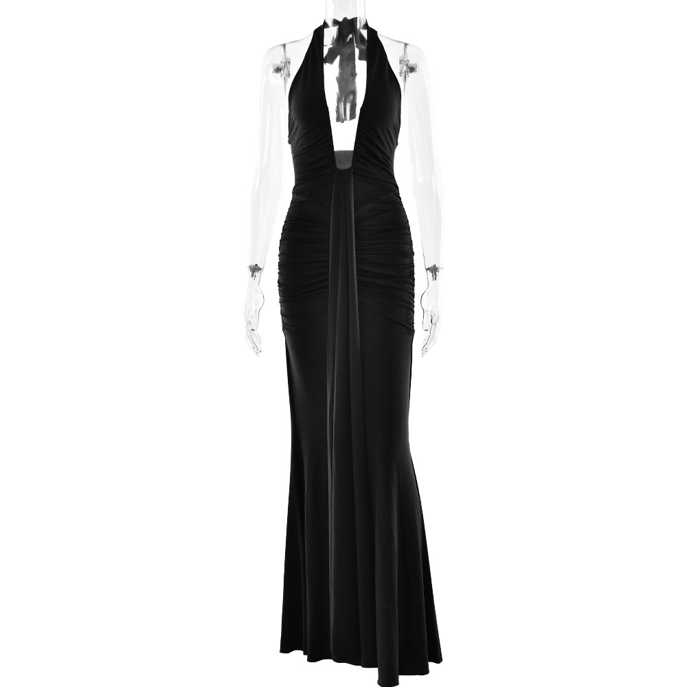 CM.YAYA Women Halter V-neck Stacked Ruched Backless Bodycon Midi Maxi Long Dress 2025 Vacation Birthday Sexy Party Club Dresses