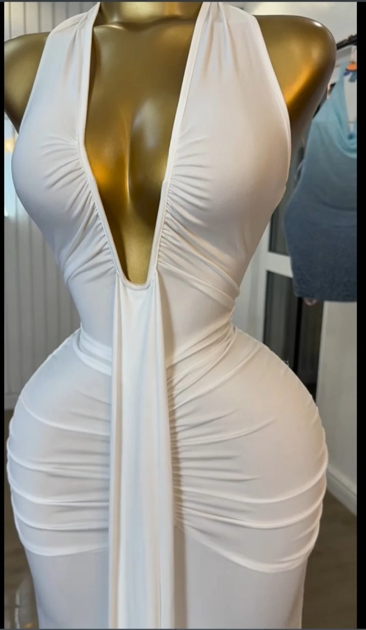 CM.YAYA Women Halter V-neck Stacked Ruched Backless Bodycon Midi Maxi Long Dress 2025 Vacation Birthday Sexy Party Club Dresses