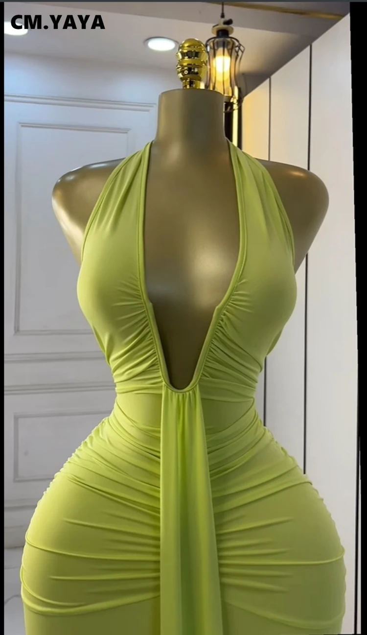CM.YAYA Women Halter V-neck Stacked Ruched Backless Bodycon Midi Maxi Long Dress 2025 Vacation Birthday Sexy Party Club Dresses