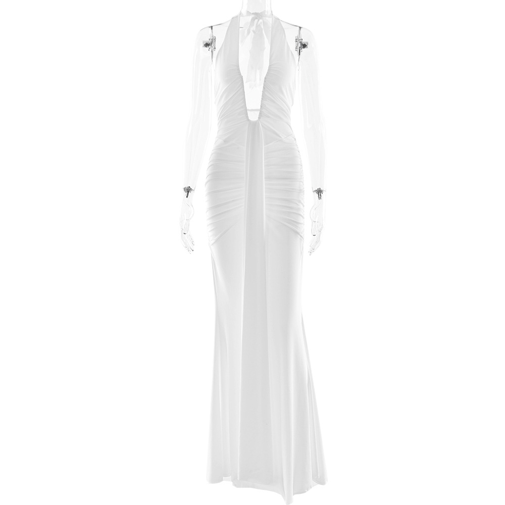 CM.YAYA Women Halter V-neck Stacked Ruched Backless Bodycon Midi Maxi Long Dress 2025 Vacation Birthday Sexy Party Club Dresses