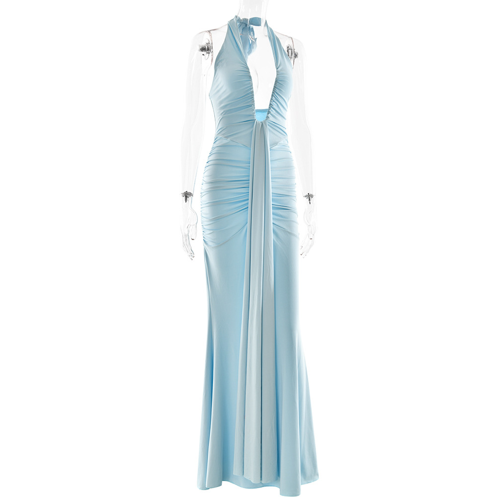 CM.YAYA Women Halter V-neck Stacked Ruched Backless Bodycon Midi Maxi Long Dress 2025 Vacation Birthday Sexy Party Club Dresses