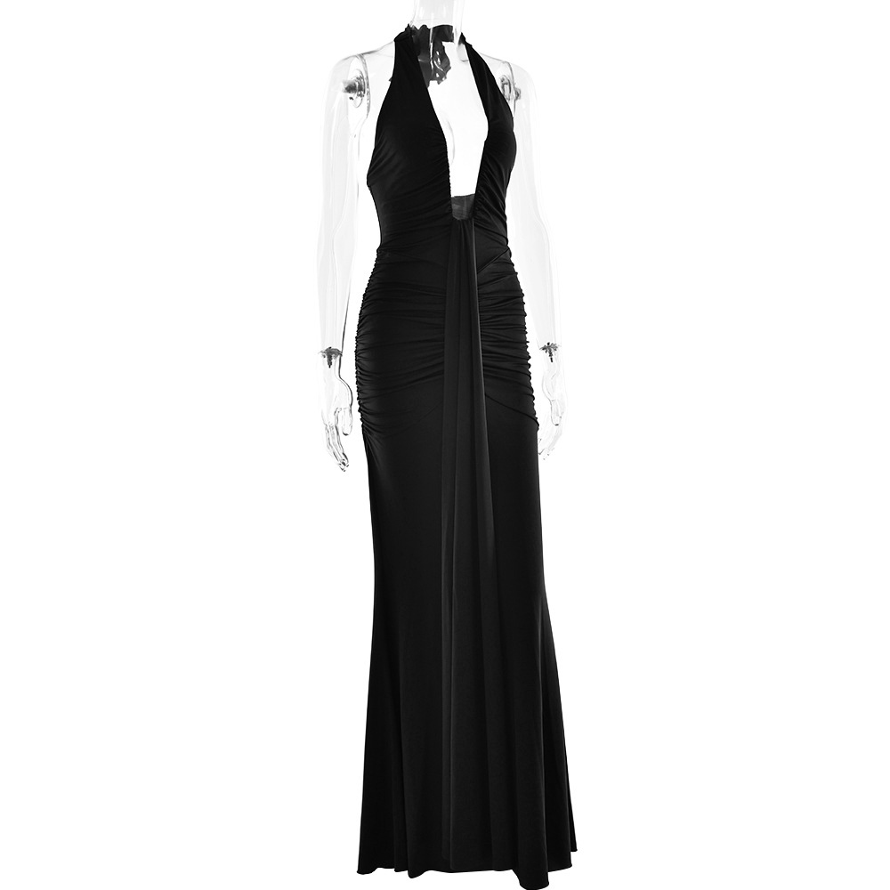 CM.YAYA Women Halter V-neck Stacked Ruched Backless Bodycon Midi Maxi Long Dress 2025 Vacation Birthday Sexy Party Club Dresses