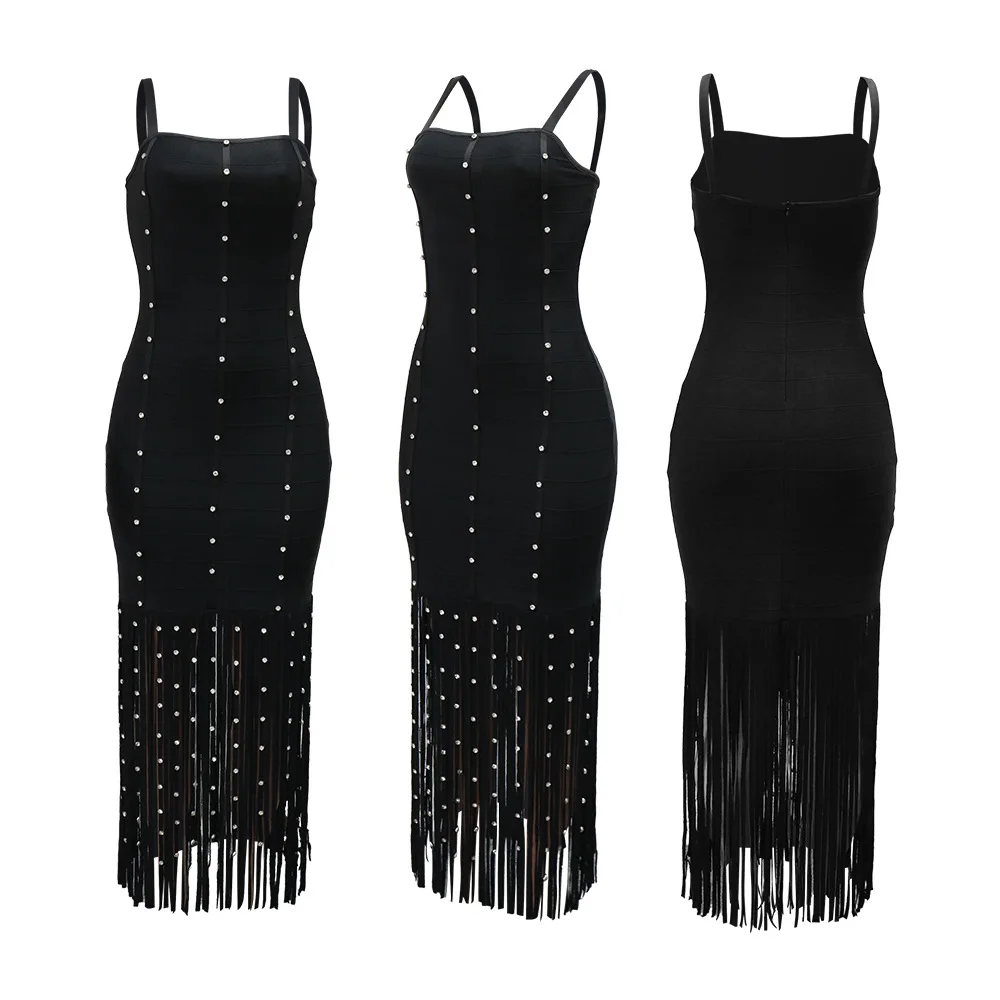 CM.YAYA Women Strap Sleeveless Pearl Sexy Sweet tassel Long Dress Elegant Vacation Birthday Party Maxi Dresses Trendy Vestidos