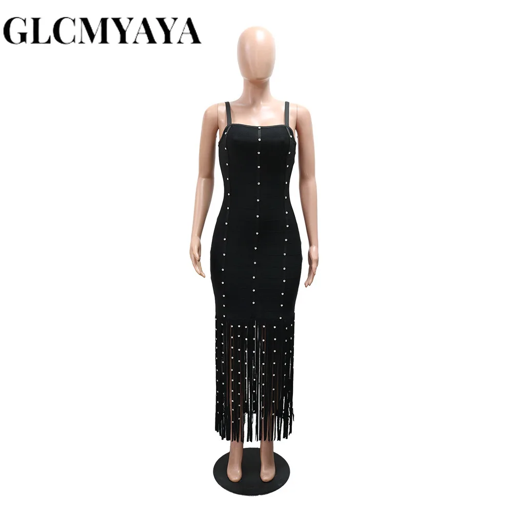 CM.YAYA Women Strap Sleeveless Pearl Sexy Sweet tassel Long Dress Elegant Vacation Birthday Party Maxi Dresses Trendy Vestidos