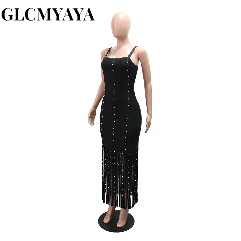 CM.YAYA Women Strap Sleeveless Pearl Sexy Sweet tassel Long Dress Elegant Vacation Birthday Party Maxi Dresses Trendy Vestidos