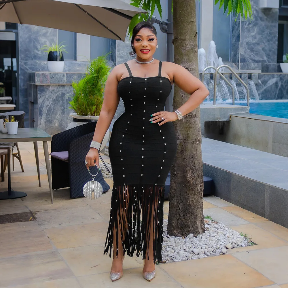CM.YAYA Women Strap Sleeveless Pearl Sexy Sweet tassel Long Dress Elegant Vacation Birthday Party Maxi Dresses Trendy Vestidos