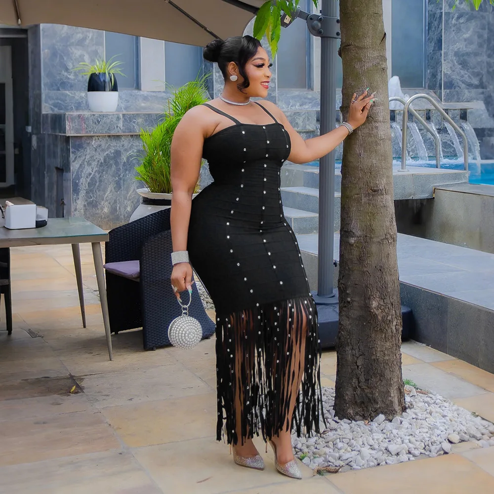 CM.YAYA Women Strap Sleeveless Pearl Sexy Sweet tassel Long Dress Elegant Vacation Birthday Party Maxi Dresses Trendy Vestidos