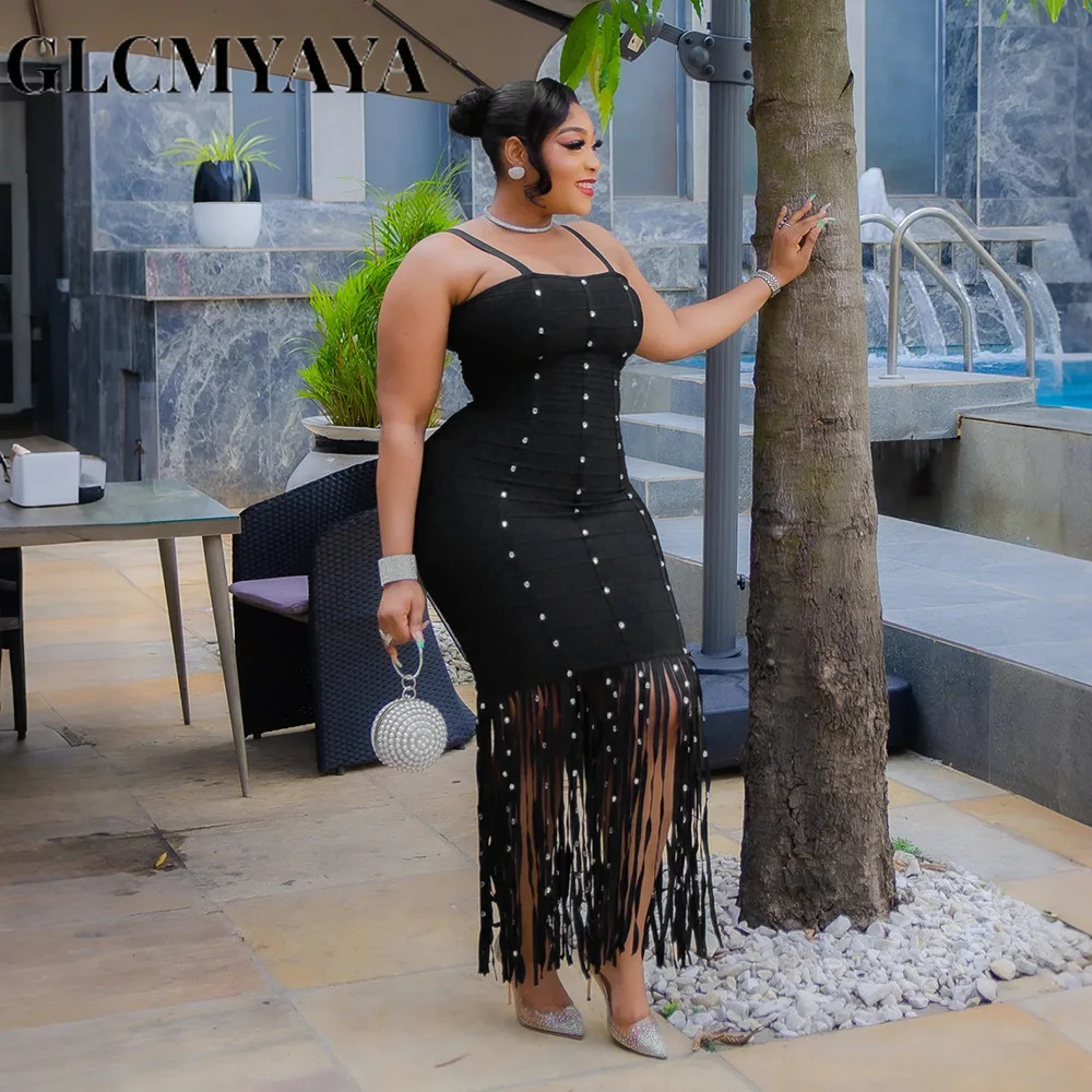 CM.YAYA Women Strap Sleeveless Pearl Sexy Sweet tassel Long Dress Elegant Vacation Birthday Party Maxi Dresses Trendy Vestidos