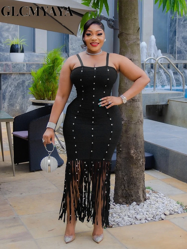 CM.YAYA Women Strap Sleeveless Pearl Sexy Sweet tassel Long Dress Elegant Vacation Birthday Party Maxi Dresses Trendy Vestidos