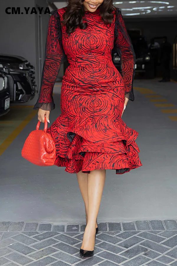 CM.YAYA Women Long Sleeve mesh O-neck mult Ruffles Bodycon Midi Dress 2025 Africa OL Work Evening Sexy Party Dresses Vestidos