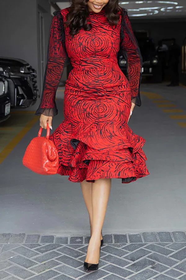 CM.YAYA Women Long Sleeve mesh O-neck mult Ruffles Bodycon Midi Dress 2025 Africa OL Work Evening Sexy Party Dresses Vestidos