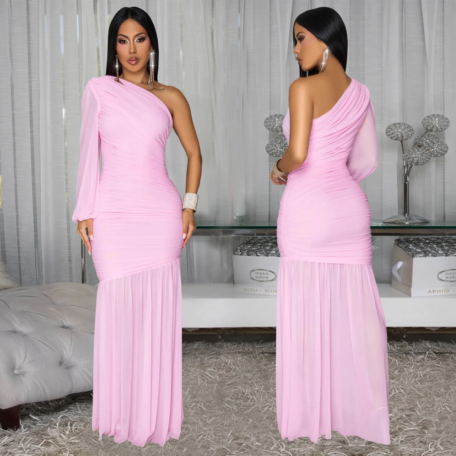 GLCMYAYA Women One Shoulder Long Sleeve Stacked Ruch Ruffles A-line Midi Maxi Long Dress 2025 Vacation Birthday Dresses Vestido