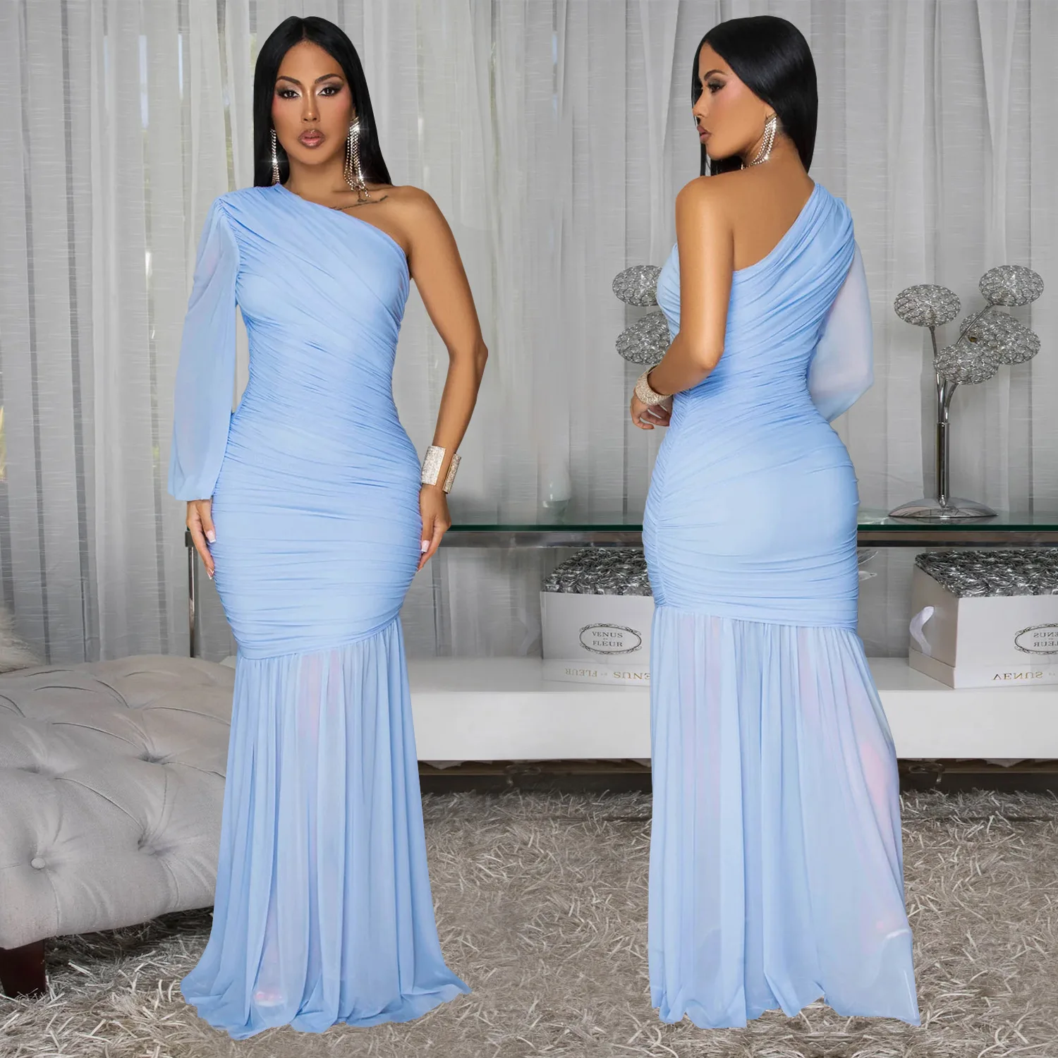 GLCMYAYA Women One Shoulder Long Sleeve Stacked Ruch Ruffles A-line Midi Maxi Long Dress 2025 Vacation Birthday Dresses Vestido