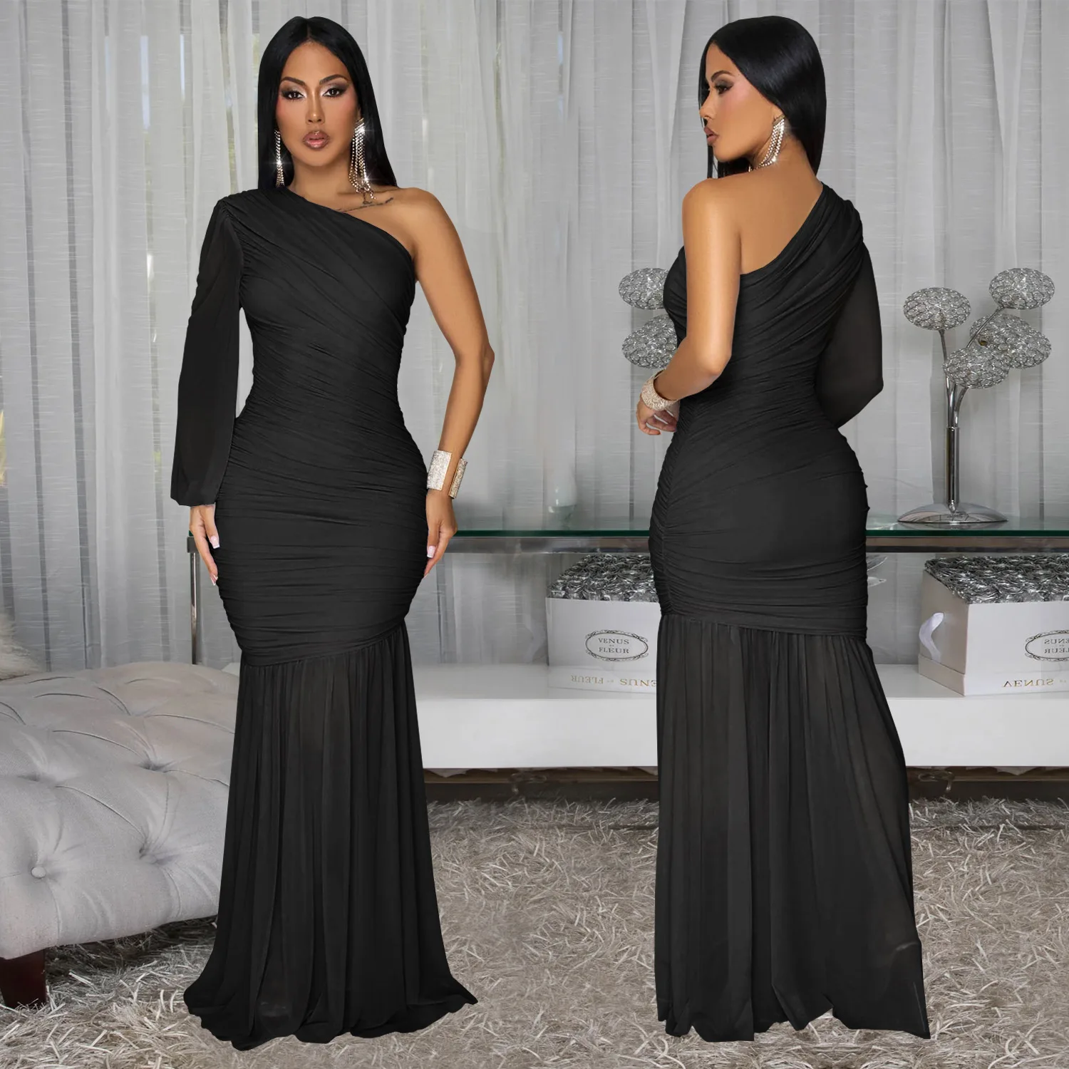 GLCMYAYA Women One Shoulder Long Sleeve Stacked Ruch Ruffles A-line Midi Maxi Long Dress 2025 Vacation Birthday Dresses Vestido