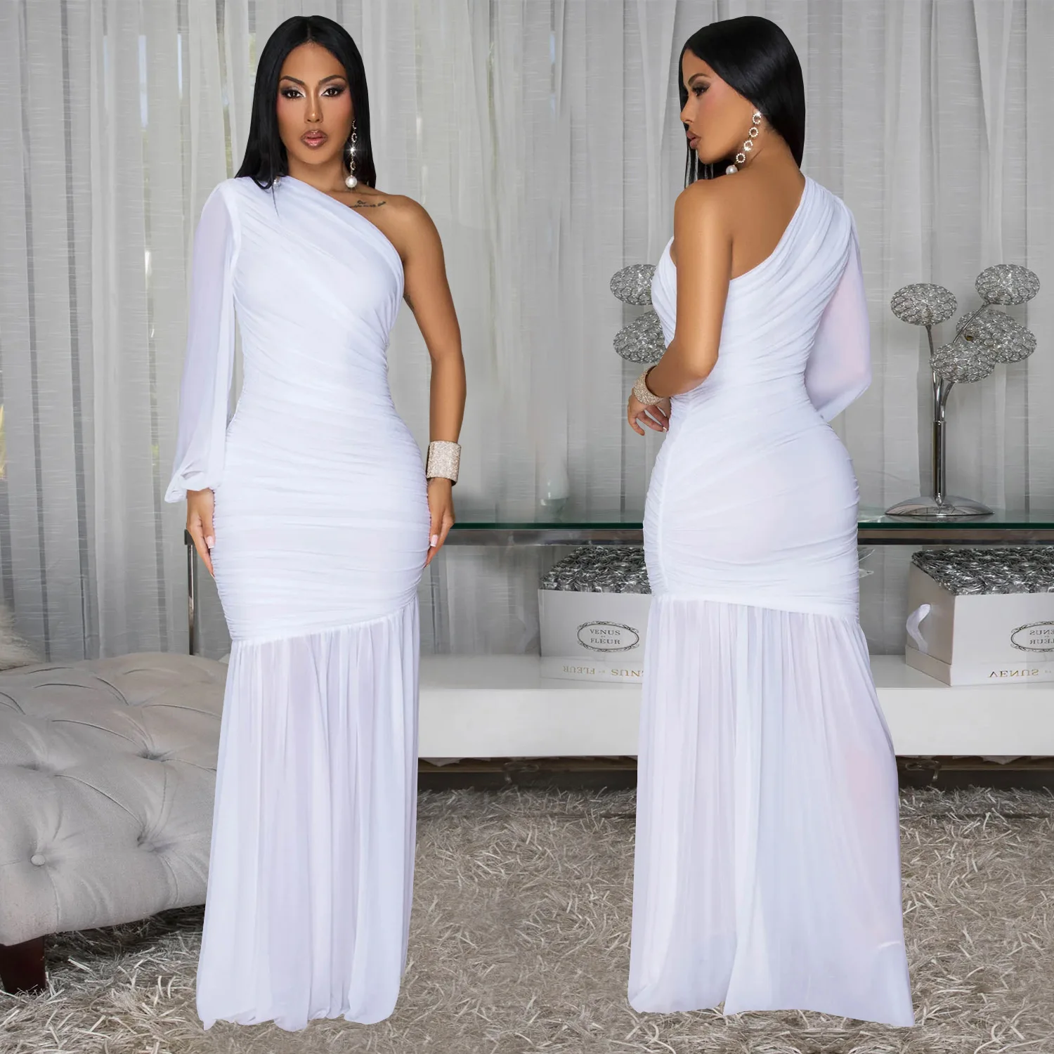 GLCMYAYA Women One Shoulder Long Sleeve Stacked Ruch Ruffles A-line Midi Maxi Long Dress 2025 Vacation Birthday Dresses Vestido