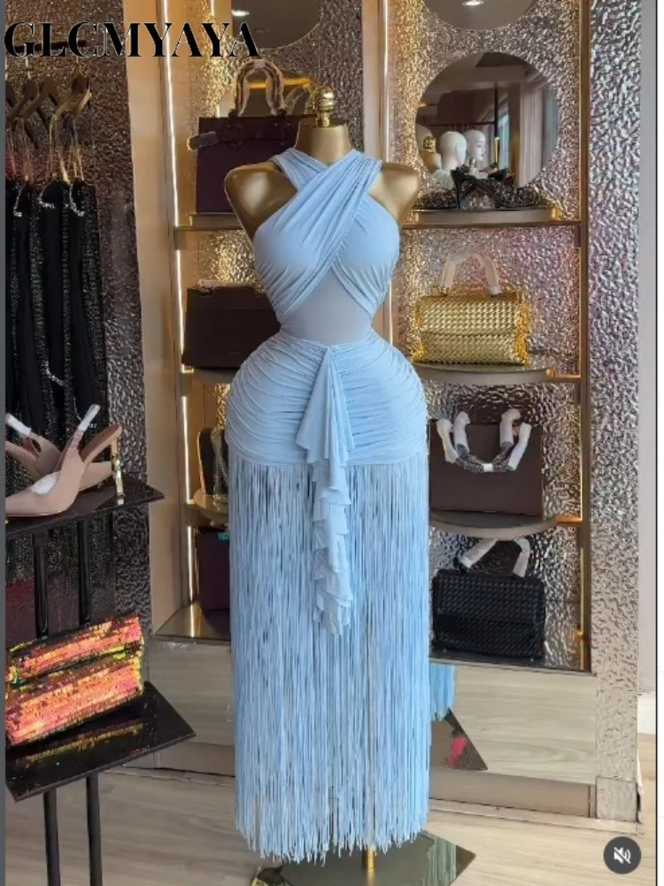 Elegant Women's Halter Neck Cross-Strap Fringe Maxi Dress Bodycon Party Gown for Evening Cocktail Night Tassel Chic Long Dresses