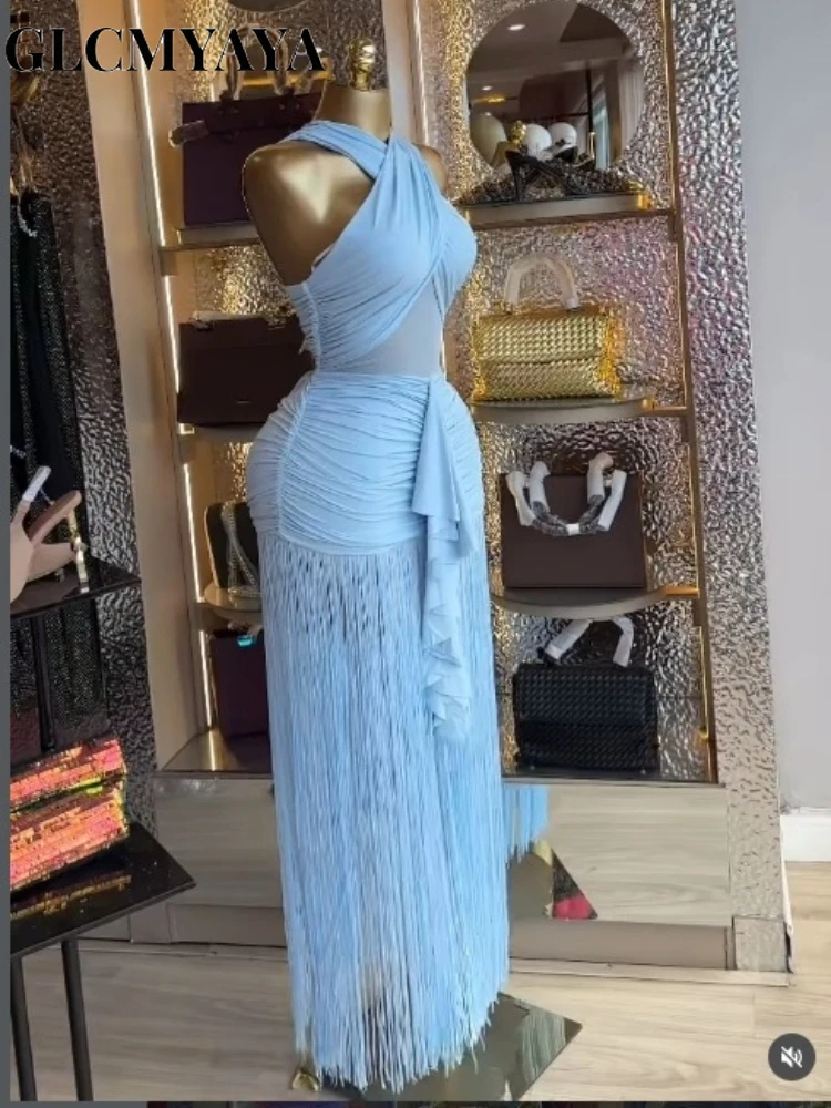 Elegant Women's Halter Neck Cross-Strap Fringe Maxi Dress Bodycon Party Gown for Evening Cocktail Night Tassel Chic Long Dresses