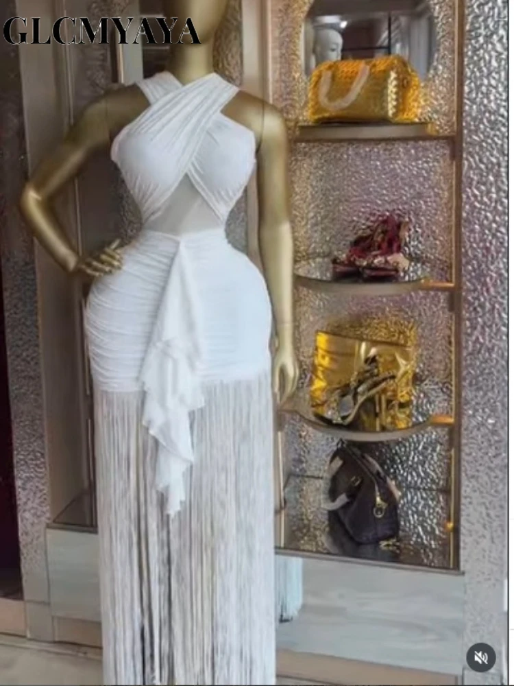 Elegant Women's Halter Neck Cross-Strap Fringe Maxi Dress Bodycon Party Gown for Evening Cocktail Night Tassel Chic Long Dresses