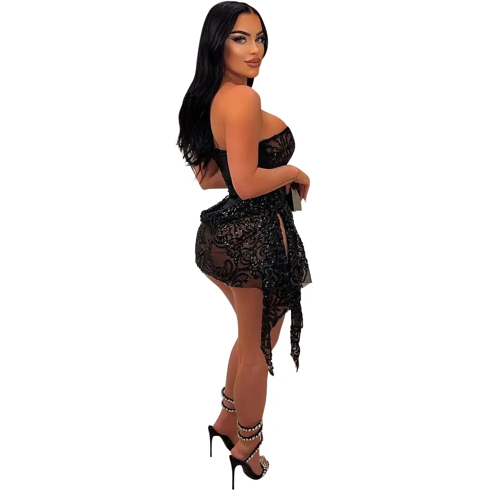 CM.YAYA Women Strapless V-neck Fashion Sequined Sexy Dress Mesh See Through 2024 Summer Night Club Evening Party Mini Dresses