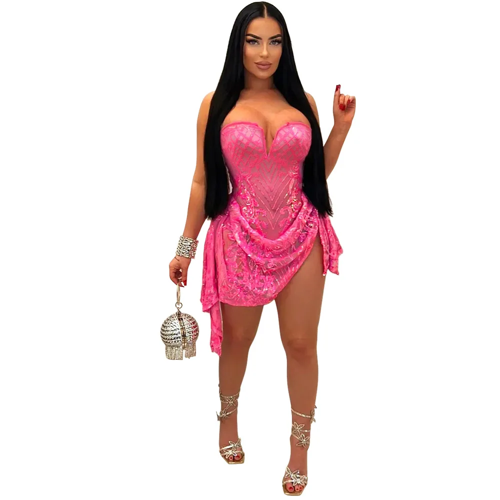 CM.YAYA Women Strapless V-neck Fashion Sequined Sexy Dress Mesh See Through 2024 Summer Night Club Evening Party Mini Dresses