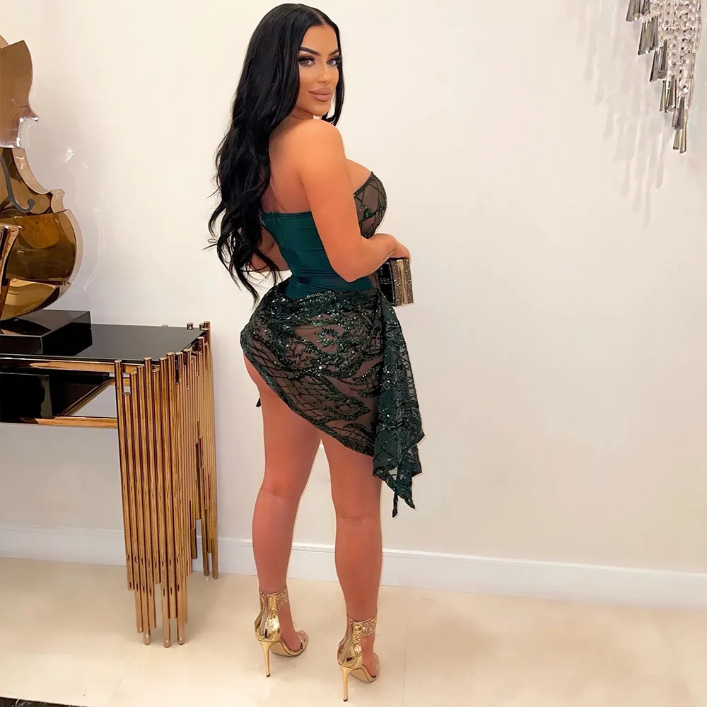 CM.YAYA Women Strapless V-neck Fashion Sequined Sexy Dress Mesh See Through 2024 Summer Night Club Evening Party Mini Dresses