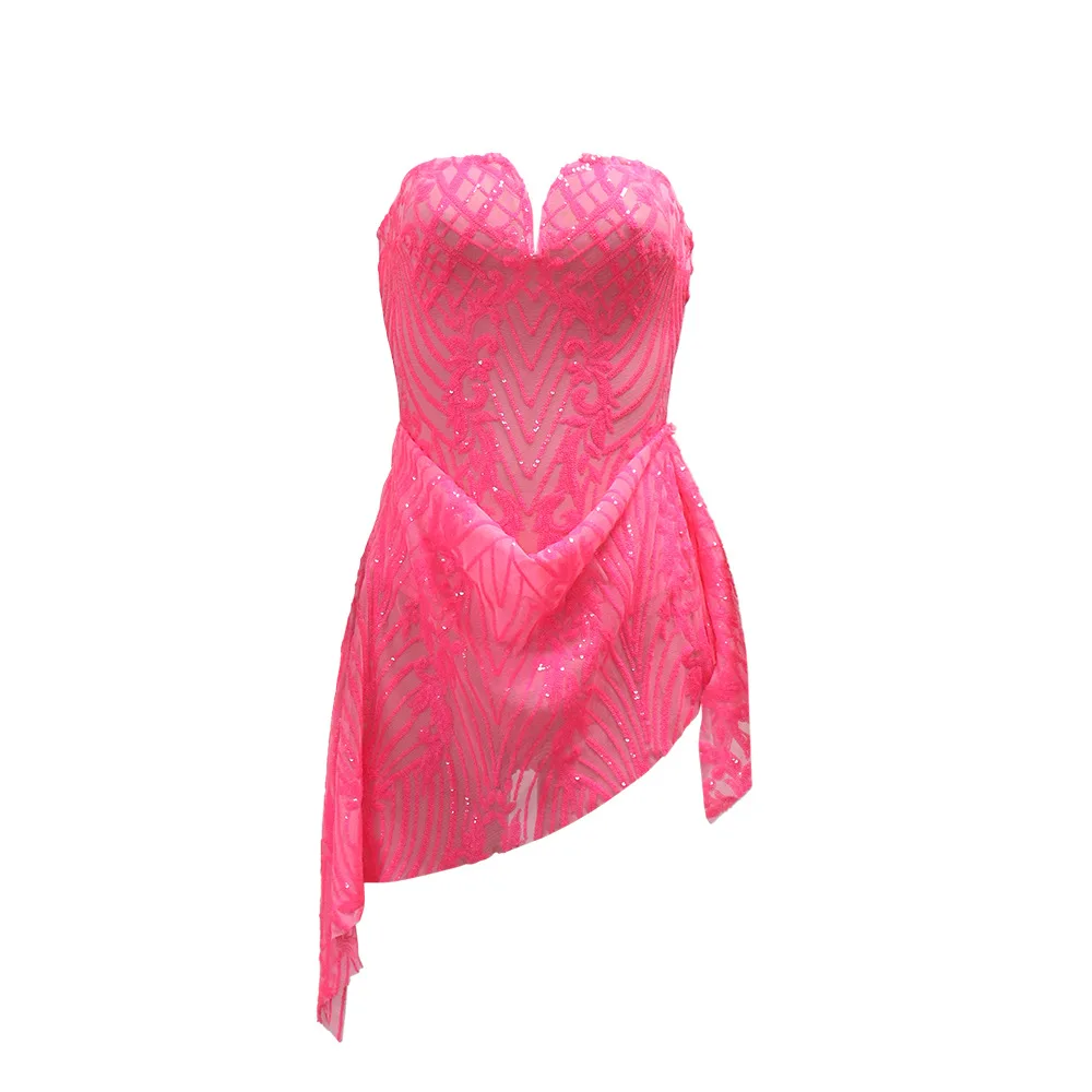 CM.YAYA Women Strapless V-neck Fashion Sequined Sexy Dress Mesh See Through 2024 Summer Night Club Evening Party Mini Dresses