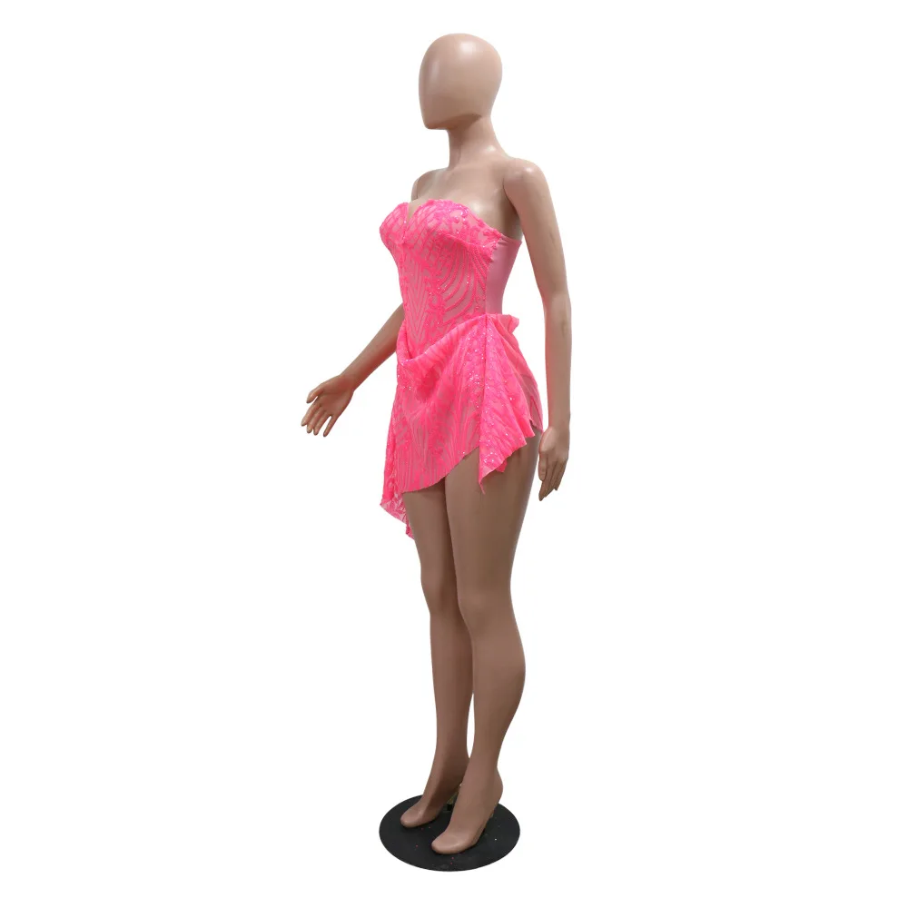 CM.YAYA Women Strapless V-neck Fashion Sequined Sexy Dress Mesh See Through 2024 Summer Night Club Evening Party Mini Dresses