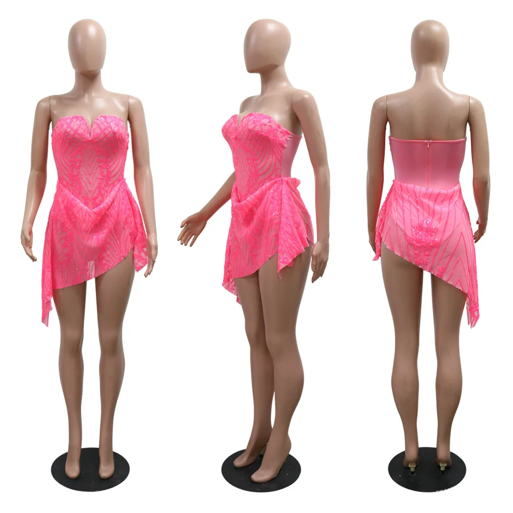 CM.YAYA Women Strapless V-neck Fashion Sequined Sexy Dress Mesh See Through 2024 Summer Night Club Evening Party Mini Dresses