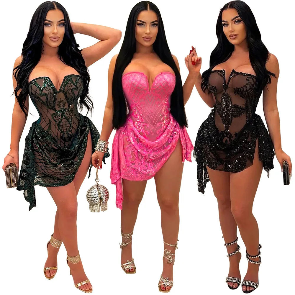 CM.YAYA Women Strapless V-neck Fashion Sequined Sexy Dress Mesh See Through 2024 Summer Night Club Evening Party Mini Dresses