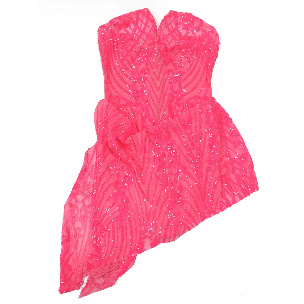 CM.YAYA Women Strapless V-neck Fashion Sequined Sexy Dress Mesh See Through 2024 Summer Night Club Evening Party Mini Dresses