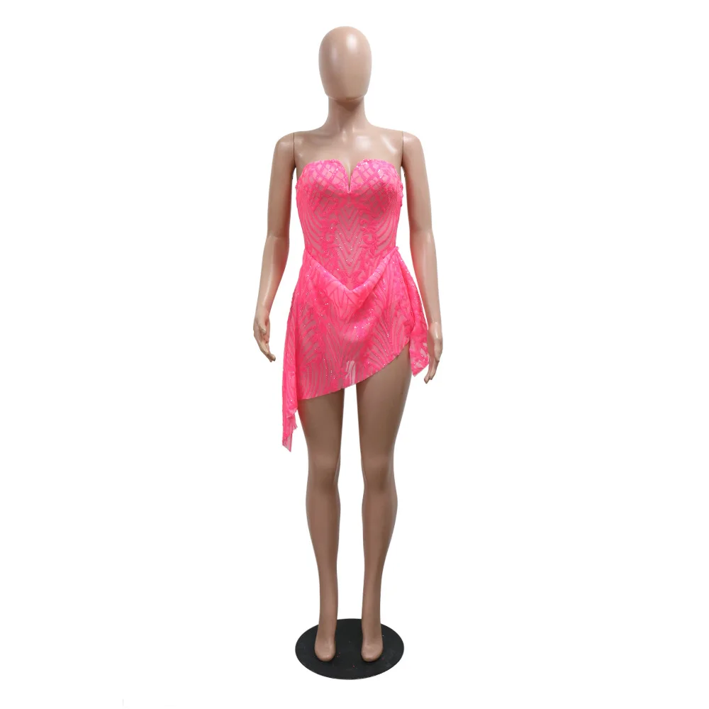 CM.YAYA Women Strapless V-neck Fashion Sequined Sexy Dress Mesh See Through 2024 Summer Night Club Evening Party Mini Dresses