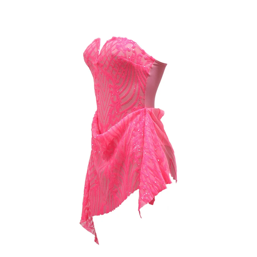 CM.YAYA Women Strapless V-neck Fashion Sequined Sexy Dress Mesh See Through 2024 Summer Night Club Evening Party Mini Dresses