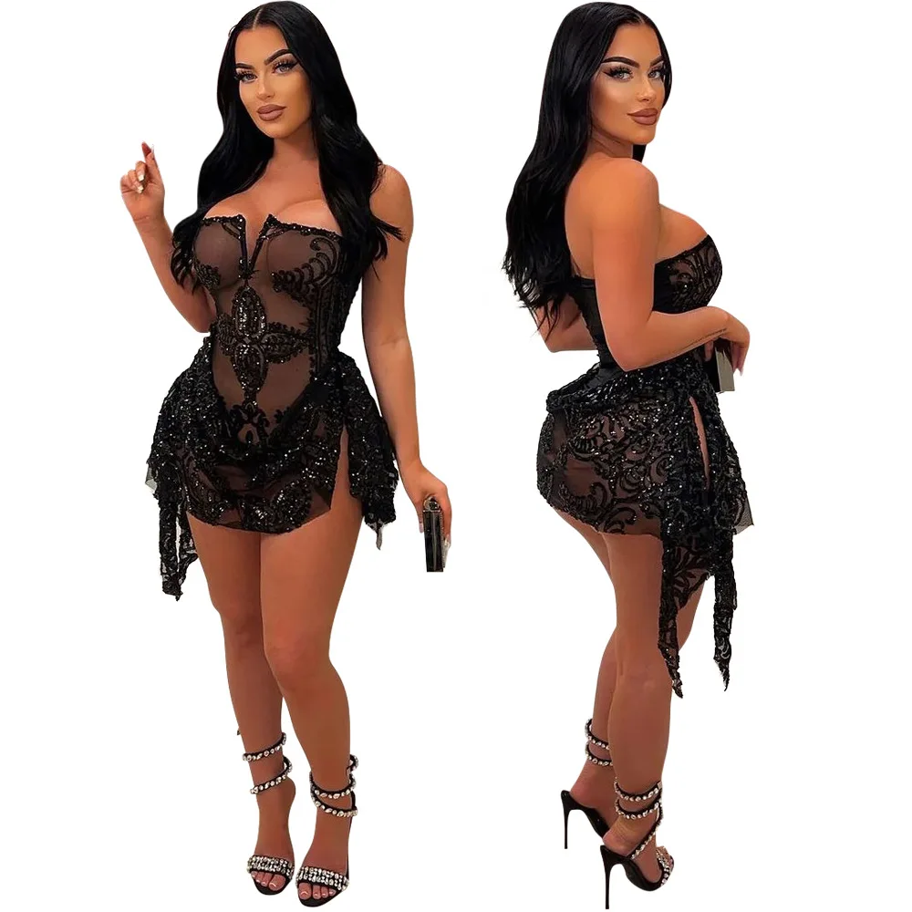 CM.YAYA Women Strapless V-neck Fashion Sequined Sexy Dress Mesh See Through 2024 Summer Night Club Evening Party Mini Dresses