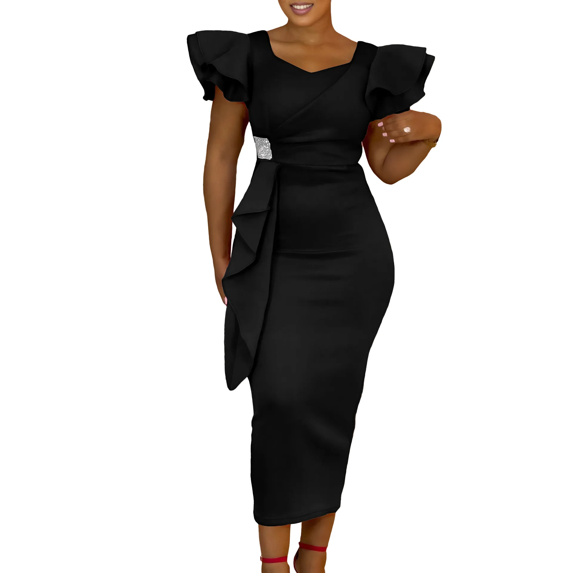 CM.YAYA Women Short Ruffles Sleeve O-neck Ribbon Bodycon Midi Dress 2025 Street Africa OL Evening Sexy Party Dresses Vestido