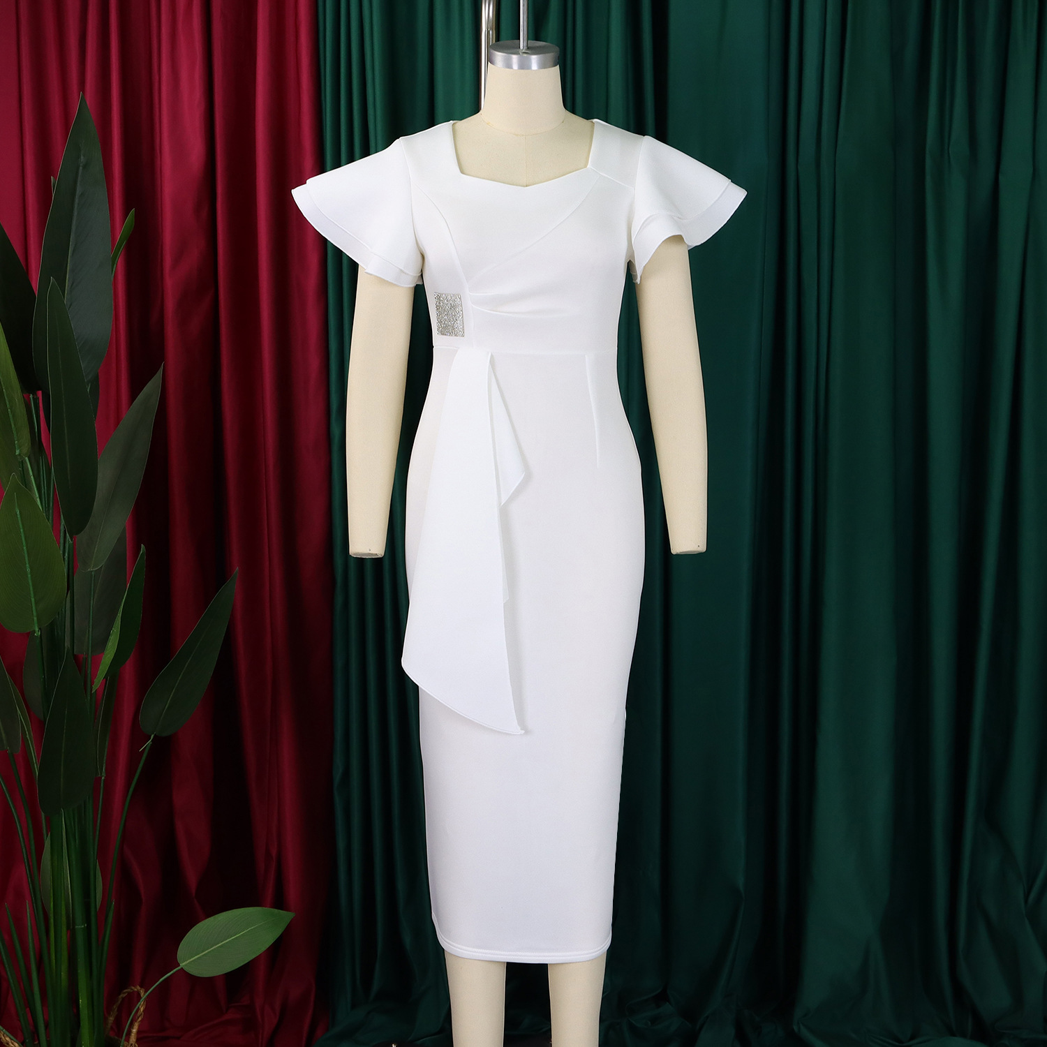 CM.YAYA Women Short Ruffles Sleeve O-neck Ribbon Bodycon Midi Dress 2025 Street Africa OL Evening Sexy Party Dresses Vestido