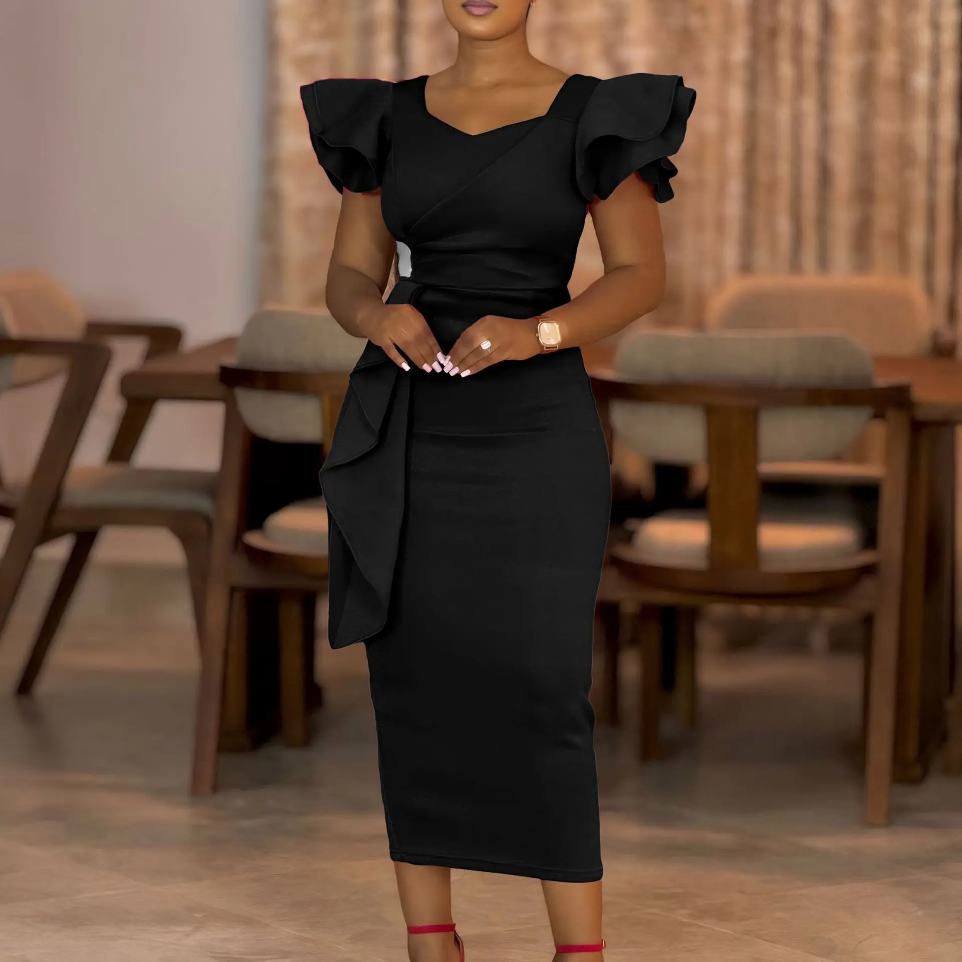 CM.YAYA Women Short Ruffles Sleeve O-neck Ribbon Bodycon Midi Dress 2025 Street Africa OL Evening Sexy Party Dresses Vestido