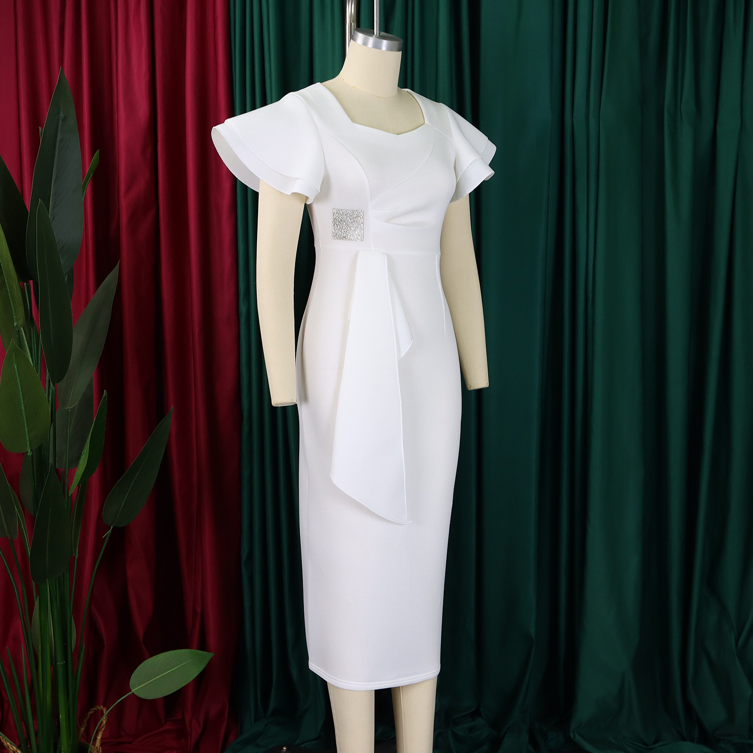 CM.YAYA Women Short Ruffles Sleeve O-neck Ribbon Bodycon Midi Dress 2025 Street Africa OL Evening Sexy Party Dresses Vestido